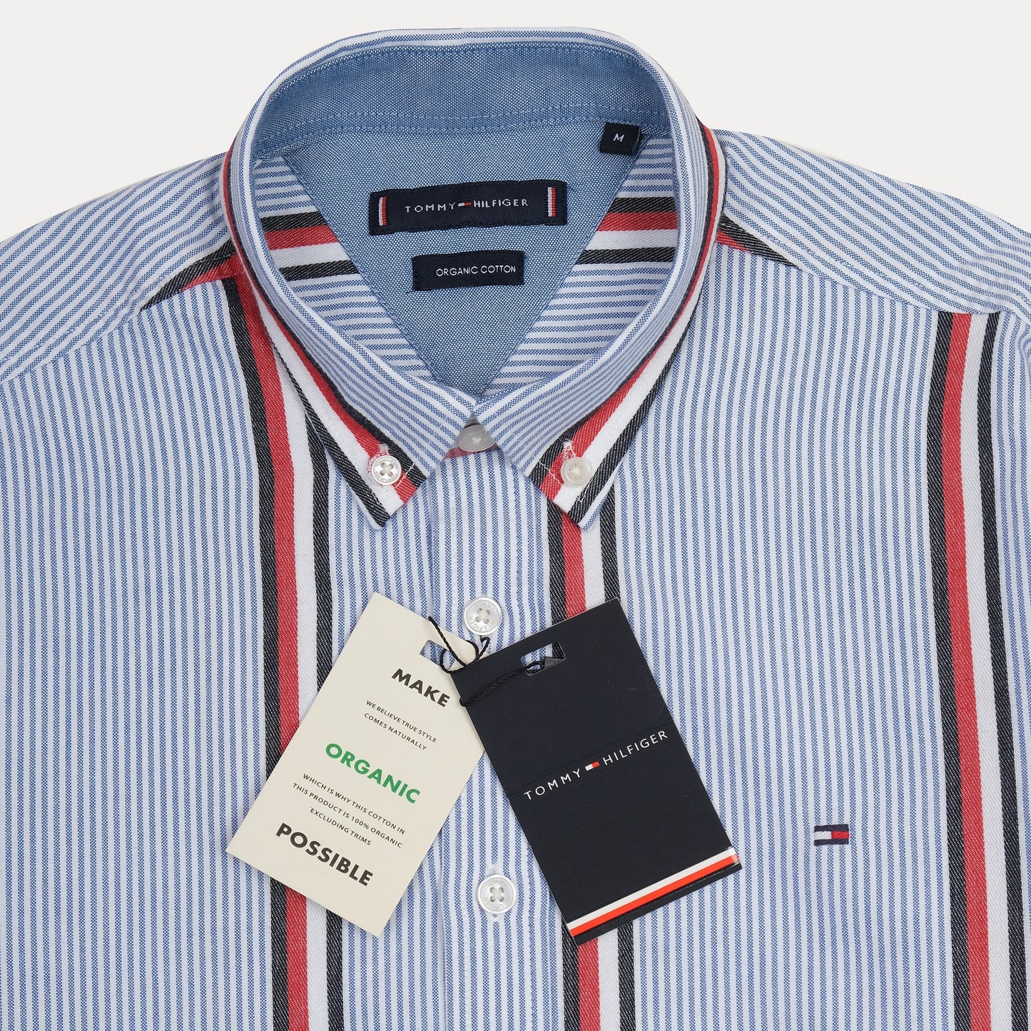 Tommy Hilfiger Striped Elegance Organic Cotton Shirt in Sky Blue with Vibrant Red Accents