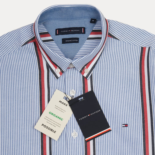 Tommy Hilfiger Striped Elegance Organic Cotton Shirt in Sky Blue with Vibrant Red Accents