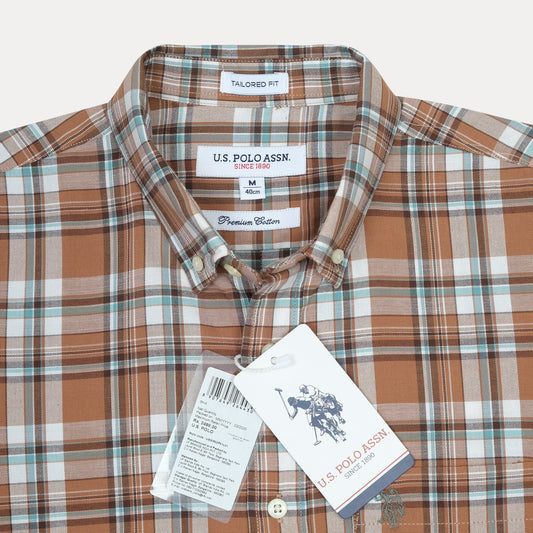 U.S. Polo Assn. Premium Cotton Tailored Fit Plaid Shirt in Rustic Copper