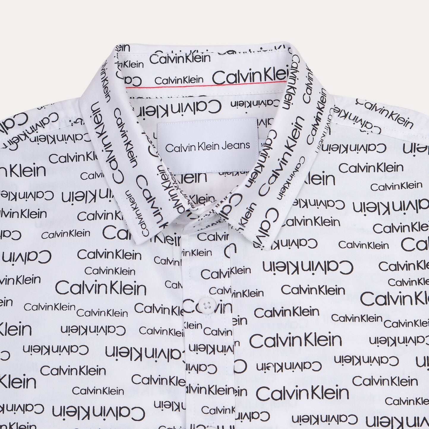 Calvin Klein Whimsical Logo Print Button-Up Shirt in Crisp Cloud White