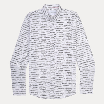 Calvin Klein Whimsical Logo Print Button-Up Shirt in Crisp Cloud White