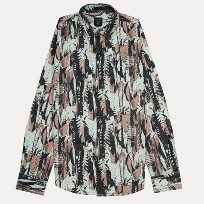RARE RABBIT Artistic Leafy Print Shirt in Serene Aqua and Earthy Blush