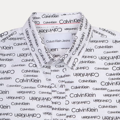 Calvin Klein Whimsical Logo Print Button-Up Shirt in Crisp Cloud White