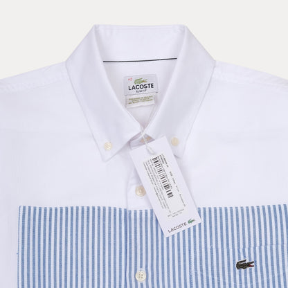 Lacoste Slim Fit Whimsical Waves Button-Up Shirt in Crisp Cloud White and Serene Sky Blue