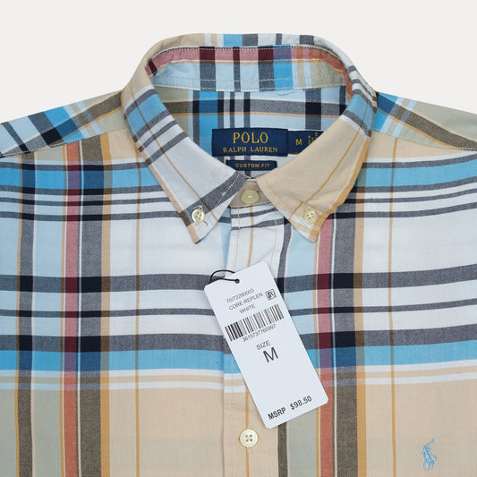 Polo Ralph Lauren Custom Fit Plaid Shirt in Soft Sand and Sky Blue