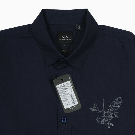 Armani Exchange Slim Fit Navy Button-Up Shirt with Embroidered Detail