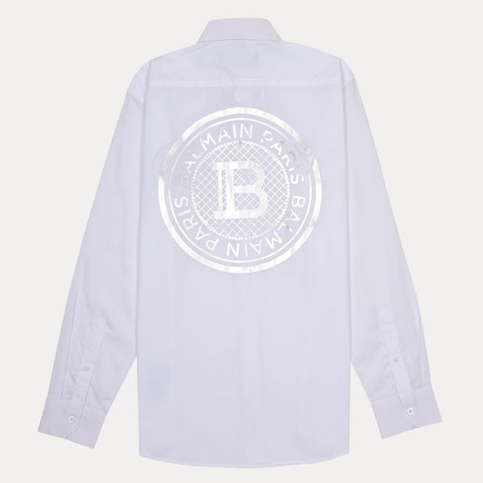 Balmain Elegant Silver Emblem Button-Up Shirt in Pristine White